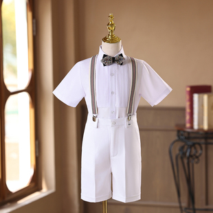 男童背带裤套装白色主持人礼服演讲团体大合唱表演服男孩钢琴演出