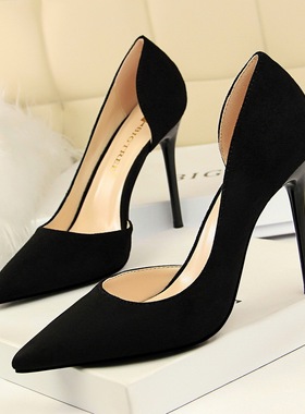 黑色春秋高跟鞋女气质名媛镂空浅口细跟绒面磨砂尖头单鞋2024新款