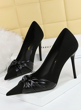 春秋尖头黑色绝美气质法式高跟鞋女2024新款细跟不累脚浅口单鞋女