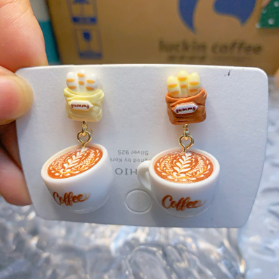 原创手工趣味麦穗拉花拿铁卡布奇诺法棍面包小众耳环latter耳夹