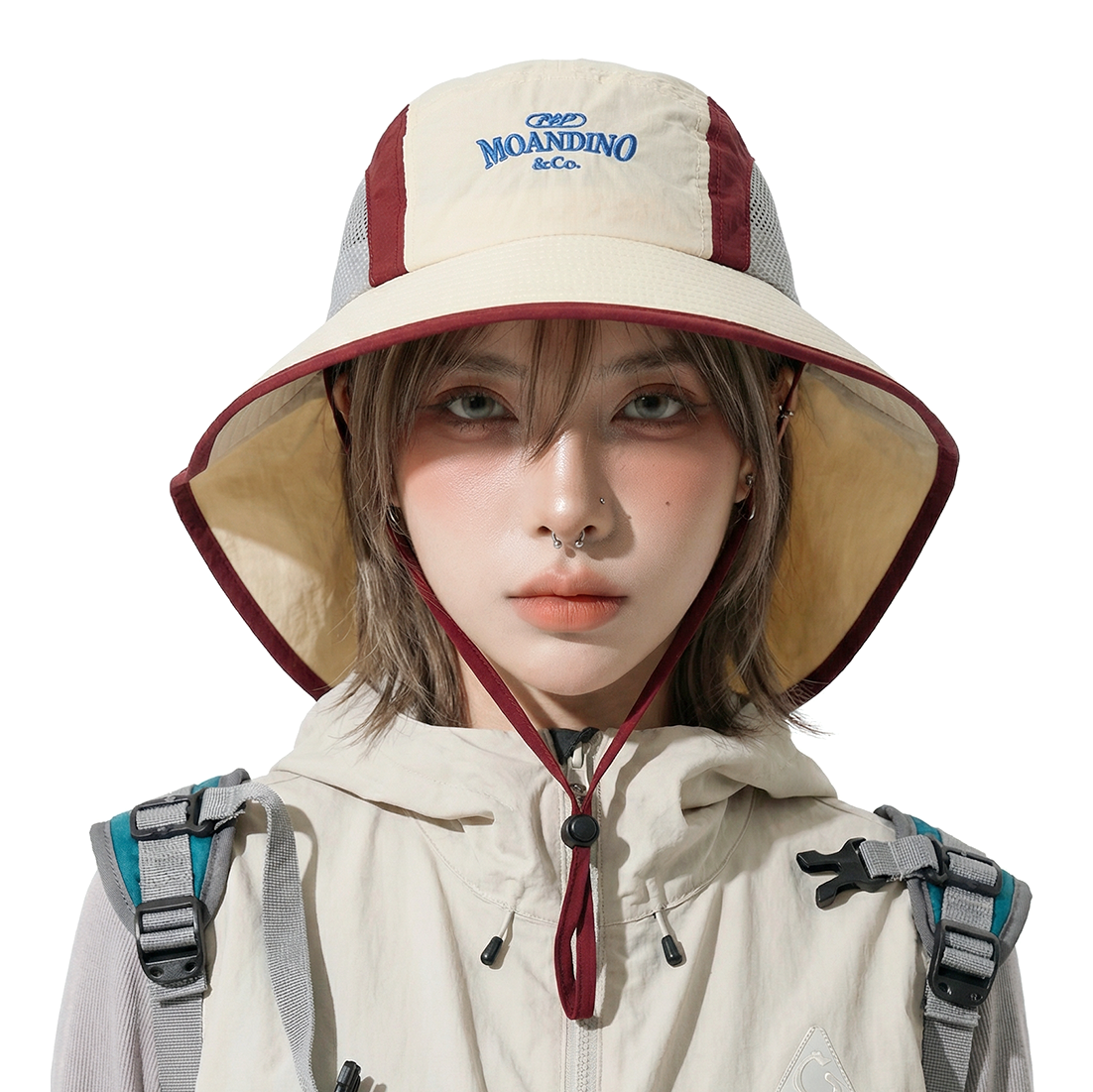 户外山系复古拼色渔夫帽女夏季速干防晒透气网眼盆帽登山徒步帽潮