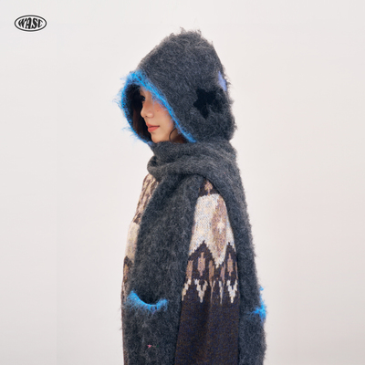 星星提花巴拉克拉法帽子女款冬季保暖防寒一体套头毛绒护耳针织帽