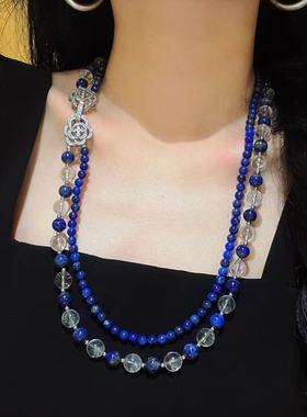 复古天然青金石白水晶设计感双层