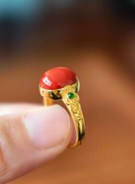古法金色祥云红色蛋面戒指女新中