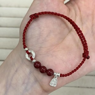 平安扣红绳手链女款2025新款本命年红手绳纯银朱砂和田玉珠