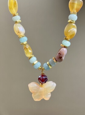 复古天然石玛瑙蝴蝶吊坠项链手链