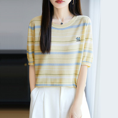韩版夏季新款圆领天丝短袖T恤女圆领拼色条纹刺绣洋气针织衫