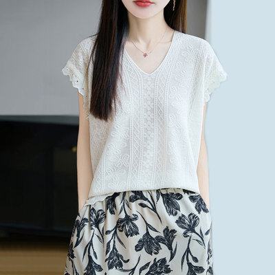 舒适天丝短袖T恤女韩版夏季新款时尚宽松纯色V领针织冰丝百搭上衣