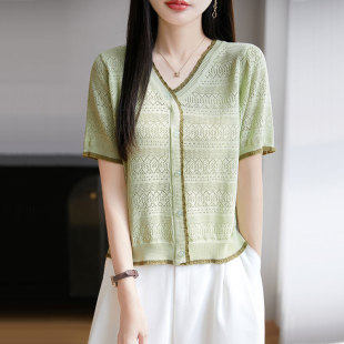 V领天丝短袖 薄款 开衫 夏季 减龄针织上衣 Tt恤女套头韩版 简约时尚