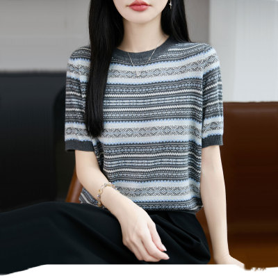 夏季拼接圆领条纹莱赛尔天丝针织T恤女韩版时尚百搭上衣短袖潮