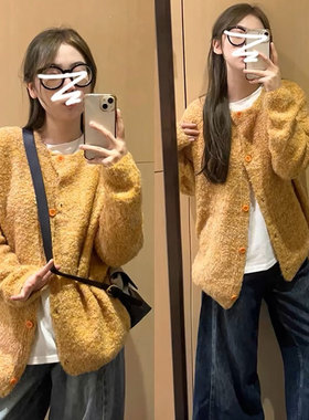 孕妇装慵懒风软糯黄色古着开衫毛衣外套女春秋季韩系穿搭2025新款