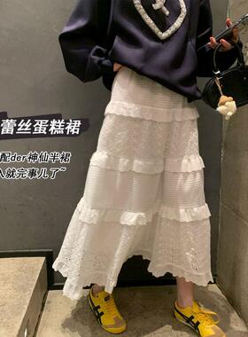 孕妇半身裙2025夏季新款白色镂空蕾丝花边中长款托腹蛋糕裙子春秋