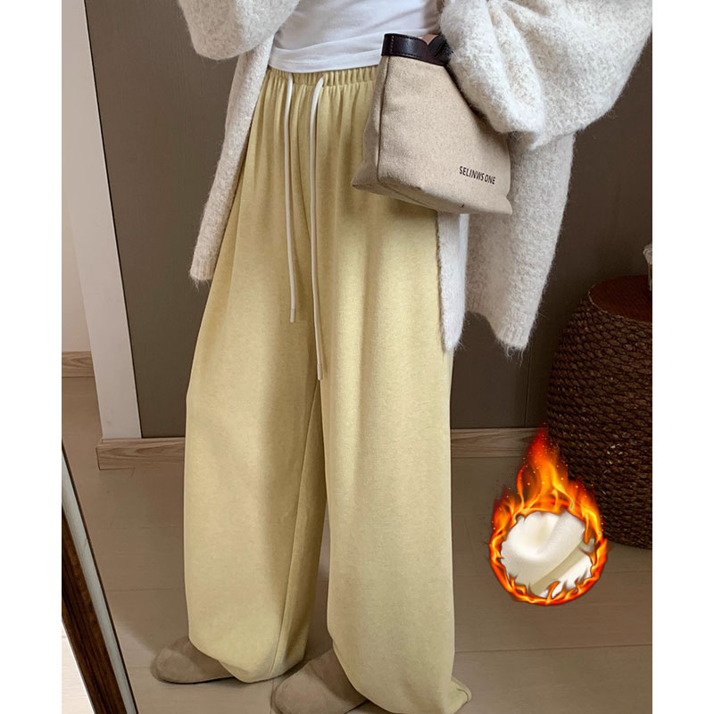 孕妇装仿羊绒阔腿裤加绒加厚秋冬季外穿黄色无托腹直筒拖地长裤子