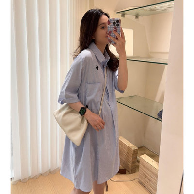孕妇连衣裙夏款2025新款夏季翻领时尚休闲大码中长款纯棉衬衫裙子