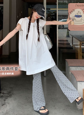孕妇波点喇叭裤夏季外穿显瘦打底裤子薄款套装大码白色衬衫上衣女