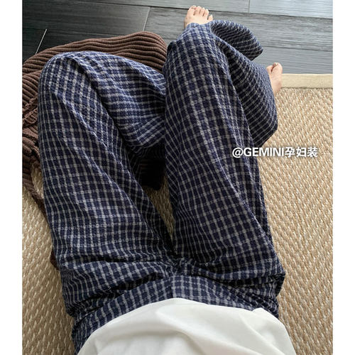 孕妇裤子夏季薄款海岛泡泡格子裤肌理感宽松无托腹休闲阔腿裤长裤