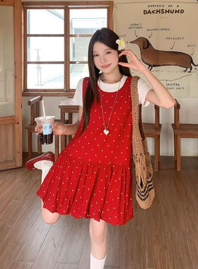 孕妇连衣裙夏季薄款2025新款显瘦垂感波点背心裙红色裙子白色短袖