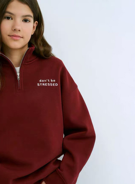 140-170外贸童装俄单ost女孩大童套头半拉链字母拉绒卫衣绒衫