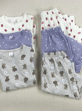 130-160外贸日单dev女孩中大童小熊草莓秋衣内衣家居服套装两件套