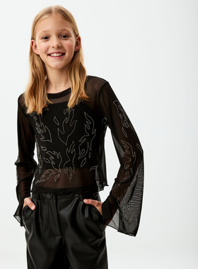 122-164外贸俄系女孩中大童两件套吊带网纱烫钻开叉喇叭长袖