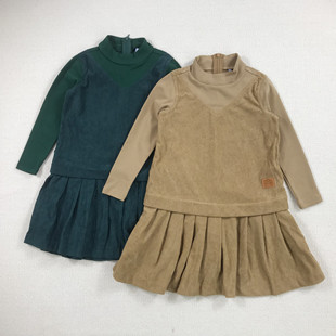 4-14岁外贸童裙女孩中大童针织拼接灯芯绒薄款长袖学院风连衣裙