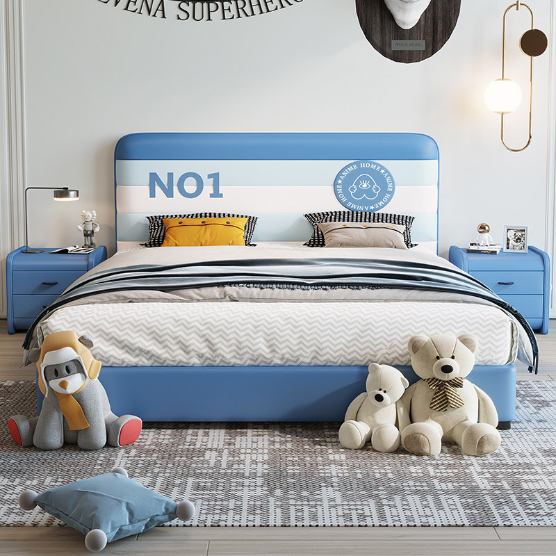 贝克汉姆儿童床男孩单人1米2现代简约青少年小孩软靠蓝色地中海床