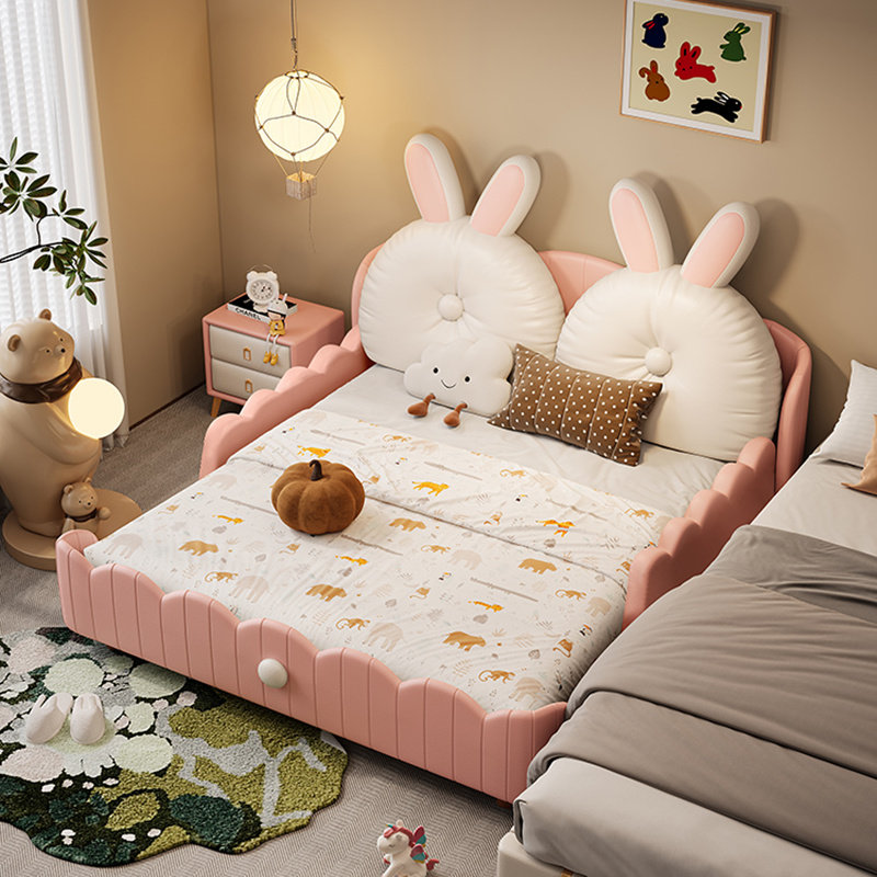 兔子儿童床女孩公主床1.35护栏实木青少年卧室单人姐妹粉色少女床