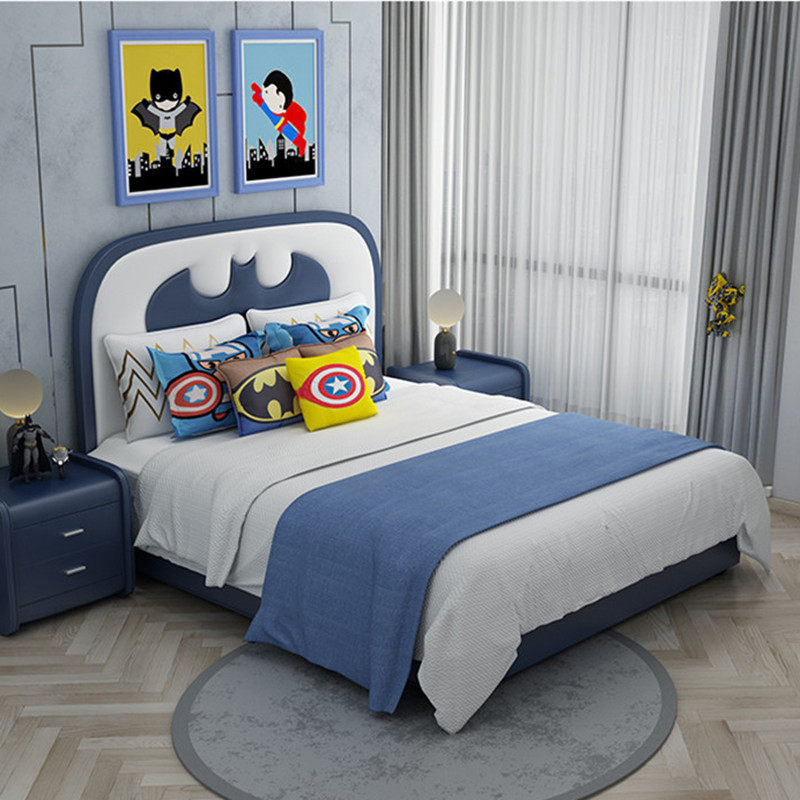 儿童床男孩蝙蝠侠带护栏滑梯宝宝简约现代实木单人床青少年皮床