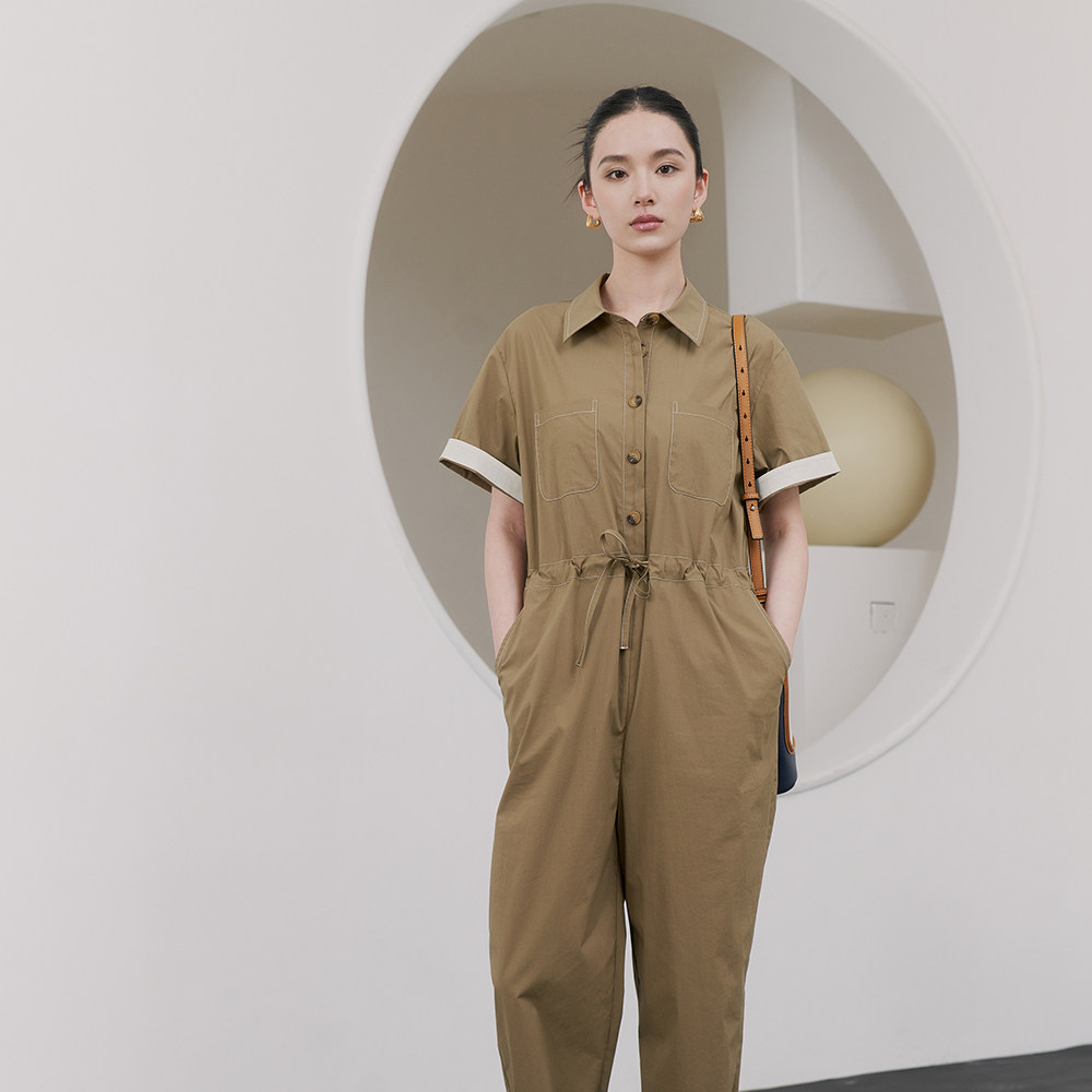 夏季通勤收腰高腰九分女士衬衫连体裤短袖工装长裤修身显瘦九分裤