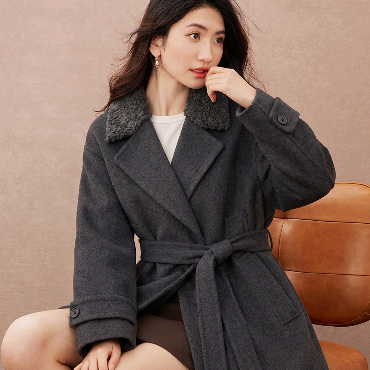冬季女款山羊绒双面呢长款大衣