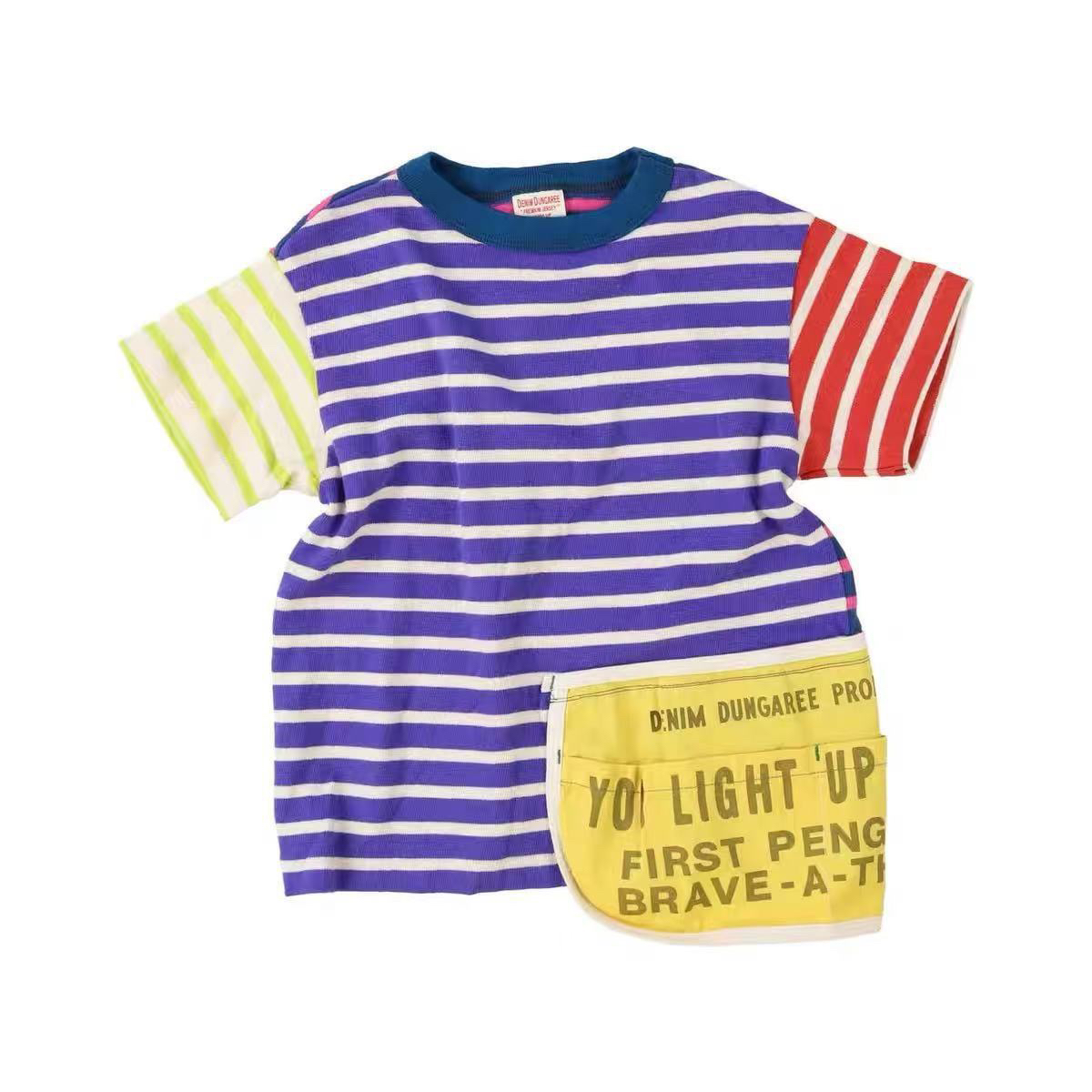 儿童DD条纹口袋拼色短袖T恤 25夏高定男女童条纹拼色短袖T恤休闲