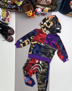 亲子2件套装高定25秋冬潮牌童装迷彩拼接鲨鱼男女童连帽外套+长裤