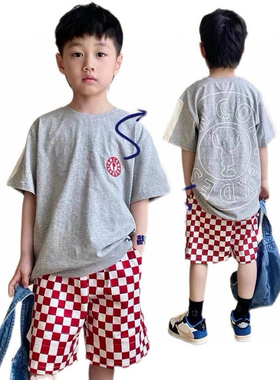 mijello26亲子夏款短袖 儿童简约灰色刺绣徽章 满印字母短袖T恤