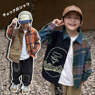 mijello2025春秋款 童装猿猴字母拼接格子衬衫 大童外套