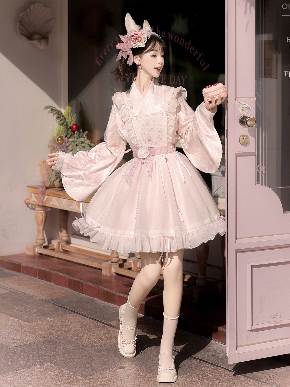 白桃春事原创罩裙连衣裙汉洋折衷套装中华娘Lolita国风洛丽塔少女