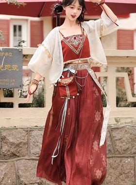 原创鎏光印鸩纱敦煌风改良汉服异域风国风汉元素吊带外披裤子套装
