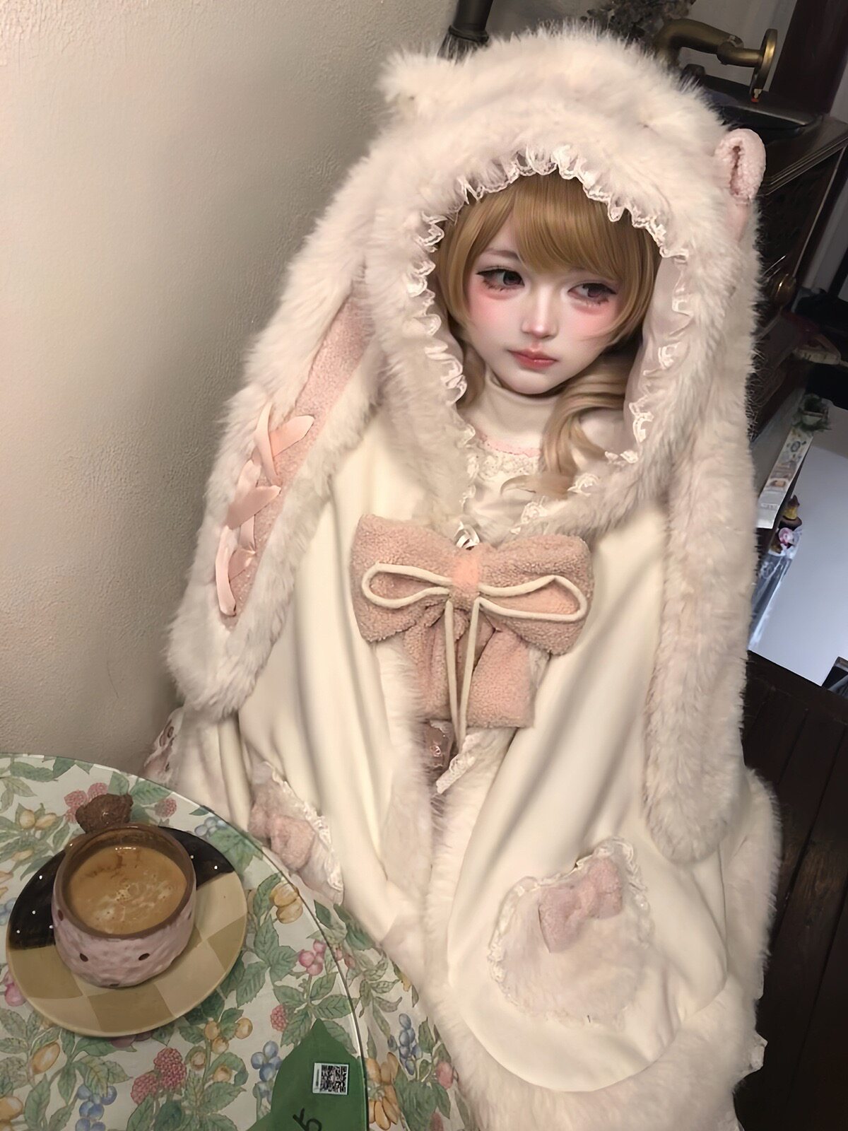 云端绒兔秋冬lolita斗篷兔耳连帽带口袋洛丽塔外套百搭毛绒短披肩