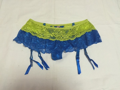 孤品外贸原单柔软蕾丝弹力腰围蓝绿色拼接吊袜带性感内衣吊带袜