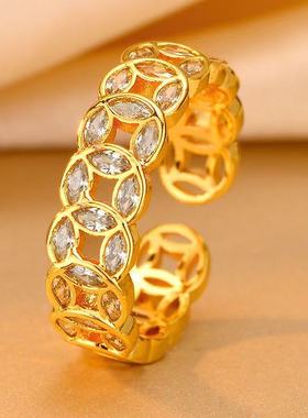 新中式满钻钱多多戒指女款轻奢感小众百搭设计感铜钱招财指环