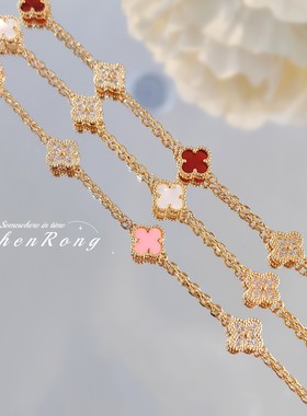 梵家迷你四叶草红玉髓手链v金粉晶间钻幸运草白贝母手链女