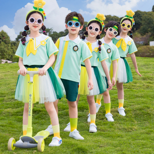 新款夏季粉蓝色小学生校服幼儿园园服女童运动短袖套装老师服