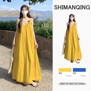 高级感海边沙滩裙子 多巴胺黄色无袖 吊带连衣裙女夏季 大码 胖mm法式