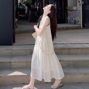 波西米亚白色连衣裙女夏日巨好看胖设计感海边度假吊带裙子 大码