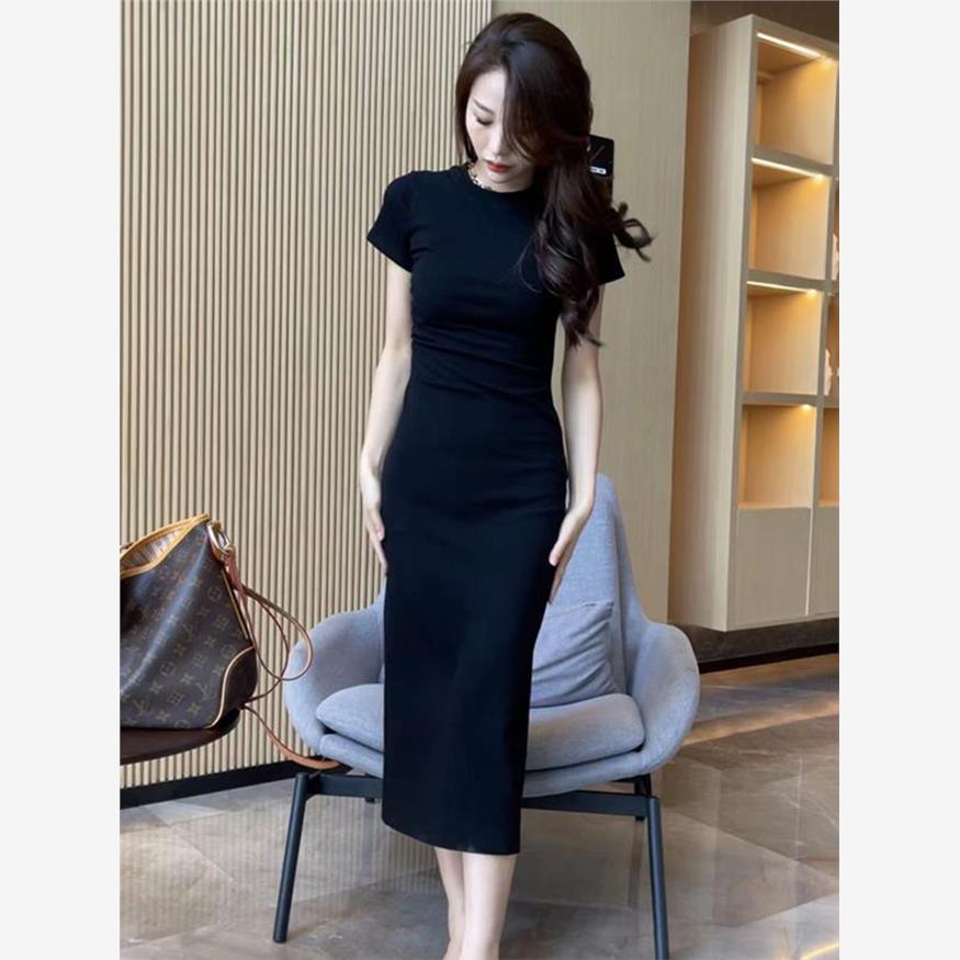 休闲黑色长款显身材t恤连衣裙2025新款女夏季褶皱修身显瘦长裙子