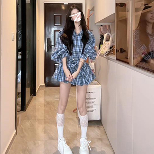蓝色格子衬衫 连衣裙子女2025新款 开春穿搭高级感辣妹收腰夏季 套装