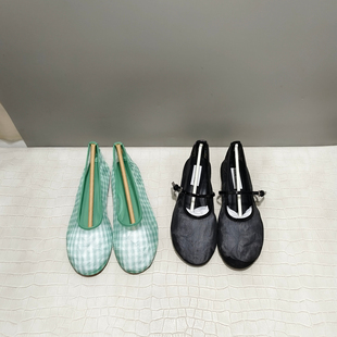 外贸原单女鞋 女格子风 2026春镂空网纱一字带平底浅口玛丽珍芭蕾鞋