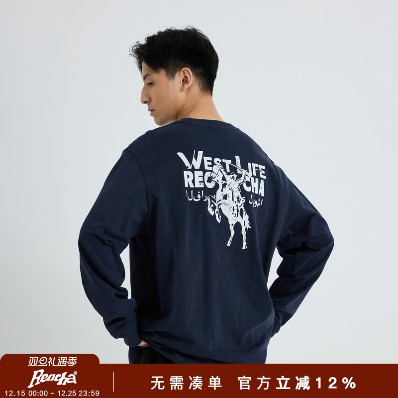 REOCHA热呈25秋冬新款牛仔印花圆领国潮牌情侣vintage长袖T恤男女