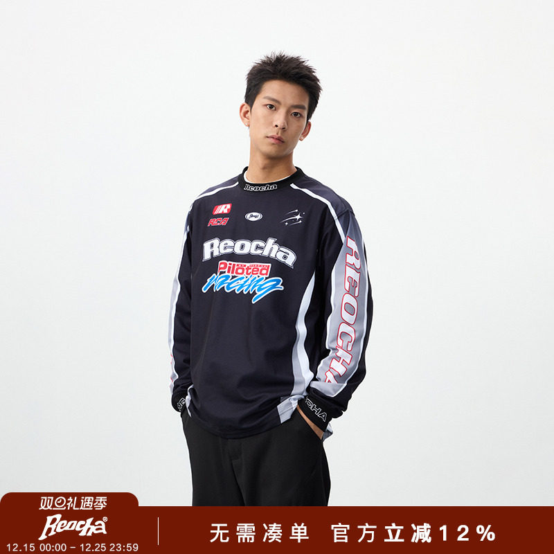REOCHA热呈春秋撞色拼接logo印花复古赛车服潮牌情侣长袖T恤男
