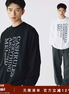 REOCHA热呈春秋重磅275g纯棉标语印花情侣长袖T恤男国潮宽松上衣