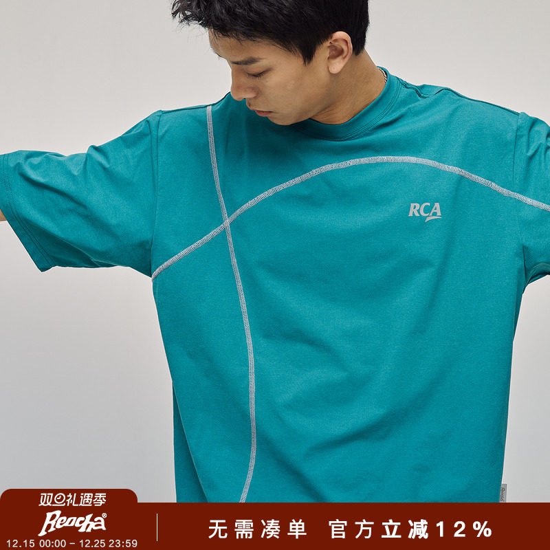 REOCHA热呈夏季凉感索罗娜撞色印花明线拼接轻薄运动情侣短袖t恤